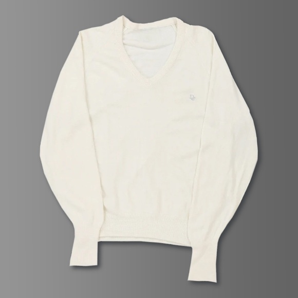 Vintage Men's Christian Dior Logo Acrylic Cream Long Sleeve V Neck Sweate size L